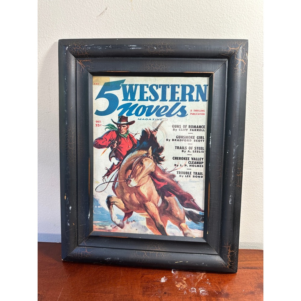 Vintage Style 5 Western Novels Magazine Cover Framed Art Cowboy Decor 12x15